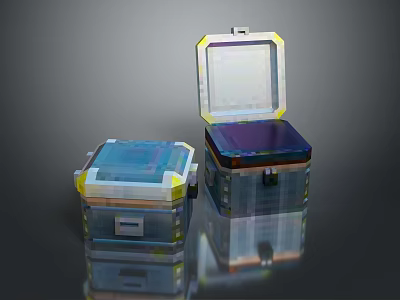 Transparent Square Equipment Boxes With Colorful Borders Open Lid Internal Layers On Reflective Black Background 3d model