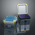 Transparent Square Equipment Boxes With Colorful Borders Open Lid Internal Layers On Reflective Black Background