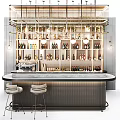 Modern Café Interior Featuring Stylish Bar Counter High Stools And Wine Shelves With Green Plants