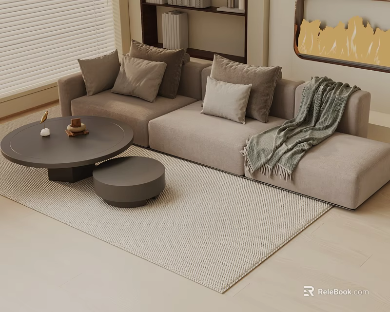 Three Seater Sofa With Plush Cushions Cozy Throw Blanket And Coffee Table On Light Rug 3d model 