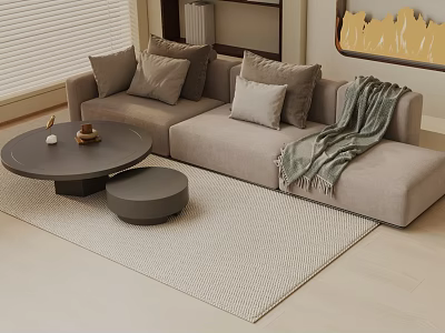 Three Seater Sofa With Plush Cushions Cozy Throw Blanket And Coffee Table On Light Rug 3d model