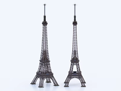 Two Detailed Decorative Metal Miniature Eiffel Tower Models on White Background 3d model
