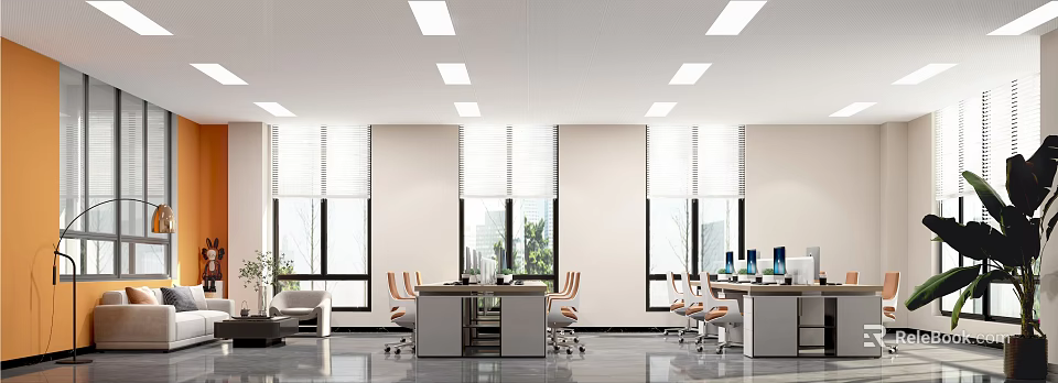 Modern Public Office Space With Open Layout Work Desks Windows And Ceiling Lights 3d model