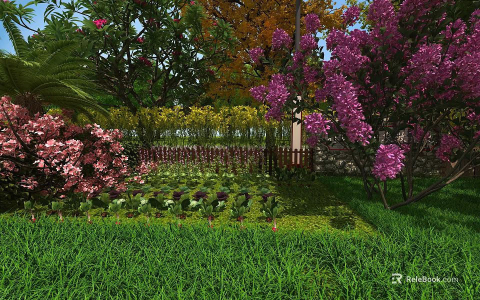 Beautiful Garden Landscape With Pink Flowers Purple Blossoms Green Lawn And Wooden Fence 3d model 