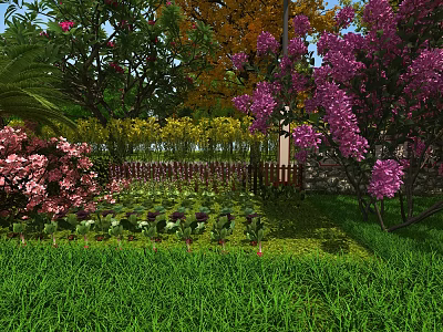 Beautiful Garden Landscape With Pink Flowers Purple Blossoms Green Lawn And Wooden Fence 3d model