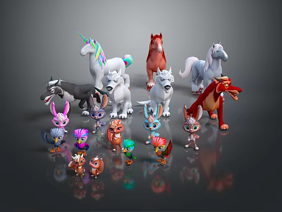 Colorful Stuffed Animal Toys Collection Featuring Unicorn Horse Dog Rabbit And Bird Characters 3d model