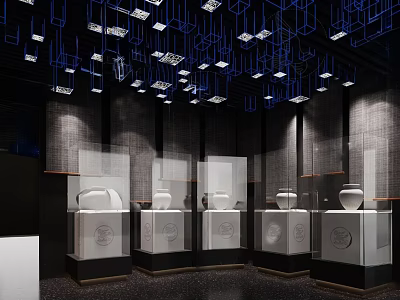 Modern Exhibition Hall Display Cases With Circular Artifacts And Geometric Ceiling Decorations 3d model