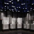 Modern Exhibition Hall Display Cases With Circular Artifacts And Geometric Ceiling Decorations