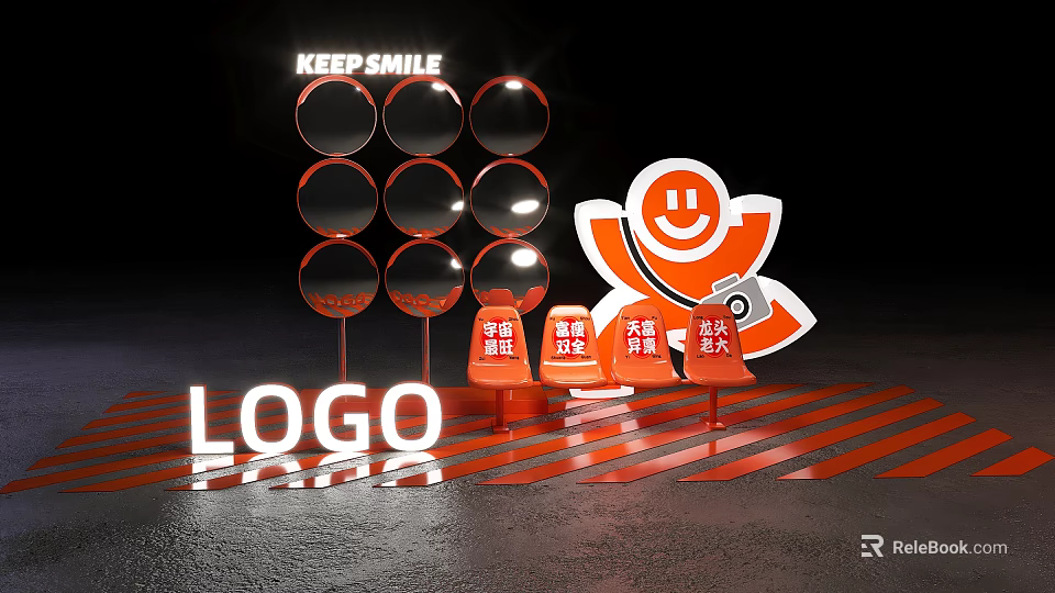 Keep Smile Themed Display With Circular Elements Orange Smiley Logo Red Chairs And Striped Floor 3d model