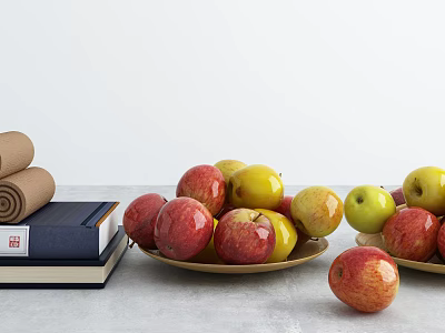 Fresh Red And Yellow Apples On Plates On A Gray Table With Books 3d model
