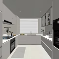Modern Kitchen Interior Design With White Cabinets Window Blinds Countertop Sink And Appliances