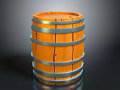 Wooden Barrel With Orange Wood Surface And Silver Metal Hoops Structure 3d model