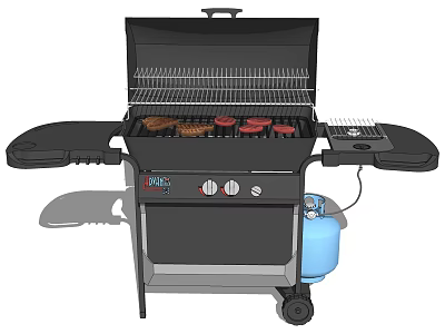 Outdoor Kitchen Grill With Grill Grates Gas Cylinder And Side Tables 3d model