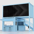 Blue Container Building Converted Into Modern Bar With Stairs Counter And Stools 3d model