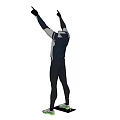 Sporty Model In Dynamic Pose With Raised Arms Pointing Fingers Wearing Sportswear Gloves And Sneakers