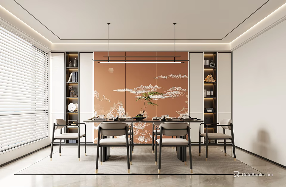 Modern Restaurant Interior Design With Dining Table Chairs Pendant Lights And Wall Art 3d model 