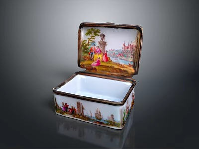 Open Decorative Porcelain Storage Box With Landscape Figures And Gold Trim 3d model
