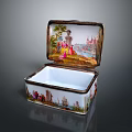 Open Decorative Porcelain Storage Box With Landscape Figures And Gold Trim