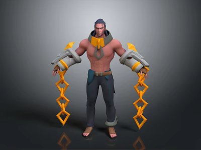 Shirtless Male Character With Grey And Yellow Mechanical Arms Yellow Chains And Dark Pants 3d model