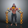 Shirtless Male Character With Grey And Yellow Mechanical Arms Yellow Chains And Dark Pants