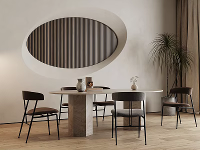 Modern Restaurant Interior With Round Dining Table Chairs Oval Slatted Wall Decor And Potted Plant 3d model