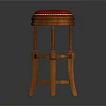 Classic Bar Stool With Red Velvet Upholstered Round Seat And Wooden Legs Design