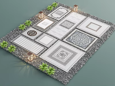 Various Patterned Floor Tiles Design Display With Small Green Plants Lantern Lamps And Gravel Border 3d model