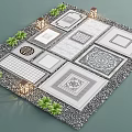 Various Patterned Floor Tiles Design Display With Small Green Plants Lantern Lamps And Gravel Border