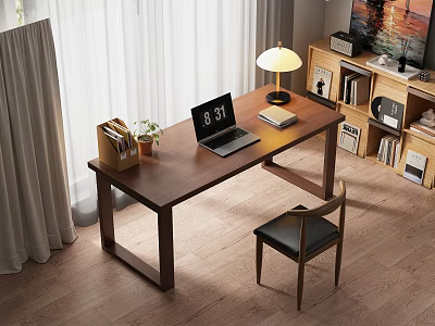 Home Office Wooden Desk With Laptop Table Lamp Books Folder And Comfortable Chair 3d model