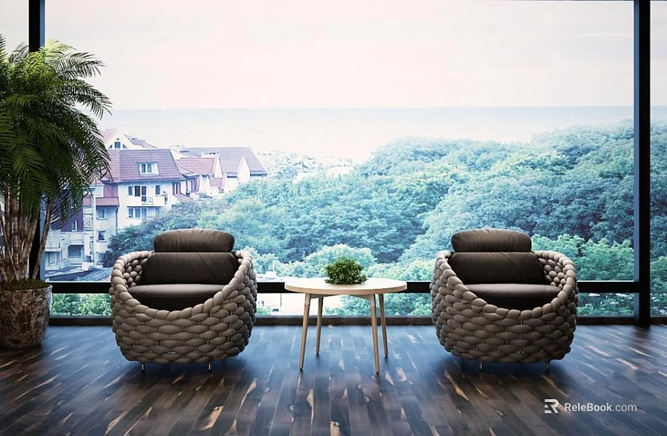Cozy Woven Leisure Sofa Set With Small Coffee Table Green Plant And Natural Window View 3d model 