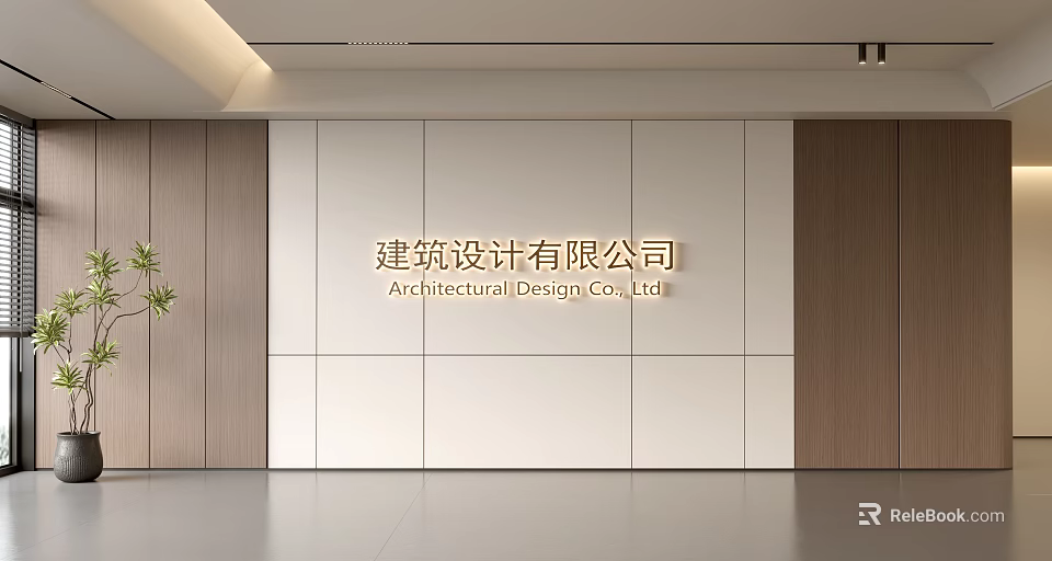 Modern Office Background Wall With Architectural Design Company Logo And Wooden Accents 3d model 
