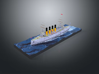 Detailed Scale Ship Model With Three Yellow Funnels And Blue Wave Base 3d model