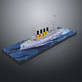 Detailed Scale Ship Model With Three Yellow Funnels And Blue Wave Base 3d model