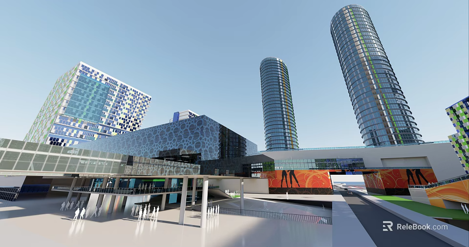 Modern Commercial Complex With Tall Glass Towers And Open Plaza Design 3d model 