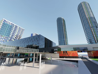 Modern Commercial Complex With Tall Glass Towers And Open Plaza Design 3d model