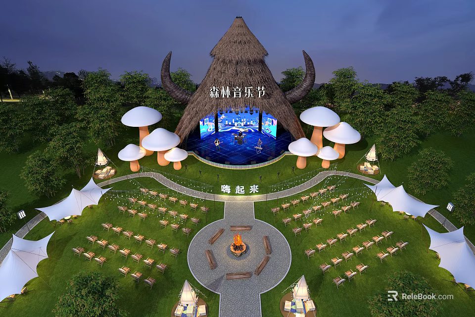 Enchanting Forest Music Festival Stage with Thatched Roof Mushroom Decor and Bonfire Seating Area 3d model 