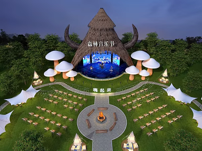 Enchanting Forest Music Festival Stage with Thatched Roof Mushroom Decor and Bonfire Seating Area 3d model