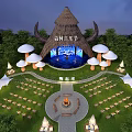 Enchanting Forest Music Festival Stage with Thatched Roof Mushroom Decor and Bonfire Seating Area