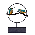 Decorative Ornament Set With Blue Yellow Birds Perching On Branch In Gold Ring And Wooden Base