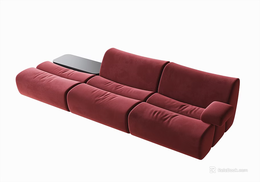 Stylish Red Plush Sectional Sofa With Modular Design And Side Tray Table 3d model