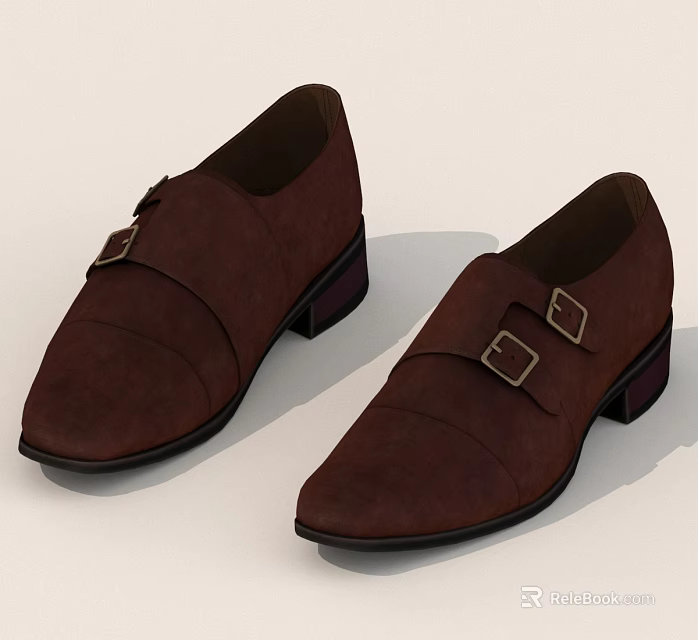 Brown Suede Shoes With Double Buckle Design And Square Heels 3d model 