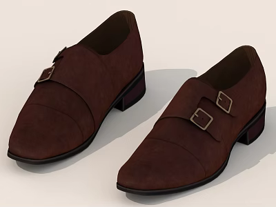 Brown Suede Shoes With Double Buckle Design And Square Heels 3d model