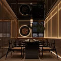 Japanese Restaurant Interior With Red Ceiling White Pendant Lights Round Lotus Painting And Lattice Walls