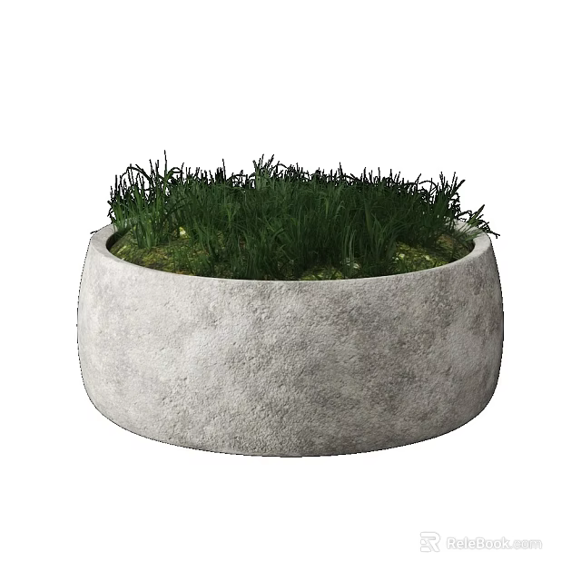 Small Round Gray Concrete Planter With Lush Green Grass For Garden Decoration 3d model 