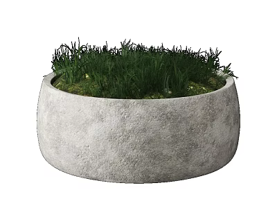 Small Round Gray Concrete Planter With Lush Green Grass For Garden Decoration 3d model