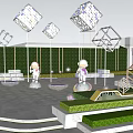 Commercial Landscape Featuring Astronaut Sculptures Geometric Art Installations Open Plaza Green Lawn And Commercial Buildings