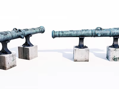 Ancient Cannons Placed On Stone Pedestals With Historical Bronze Finish And Classic Design 3d model
