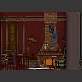 Colorful Cartoon Vintage Room Scene With Red Walls Wooden Floor Fireplace And Blue Armchair