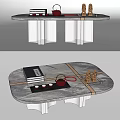 Modern Marble Coffee Table With Red Teapot Books And Decorative Figurines