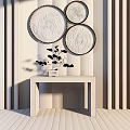 Natural Wooden Console Table With Small Bonsai Plant And Circular Decorative Plates On Striped Wall